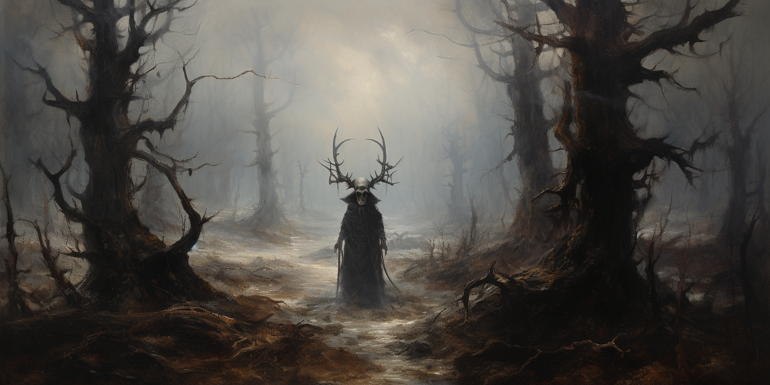 Evil witch in foggy forest