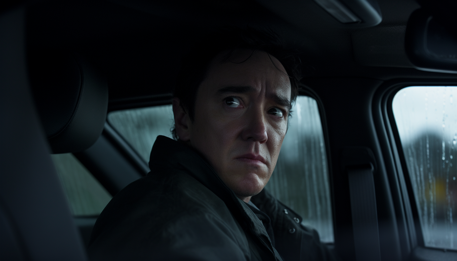 Close-up shot of John Cusack driving in cloudy weather