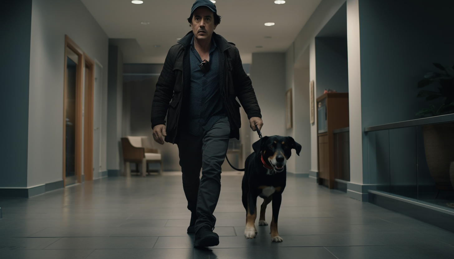 John Cusack walking with husky silver labrador