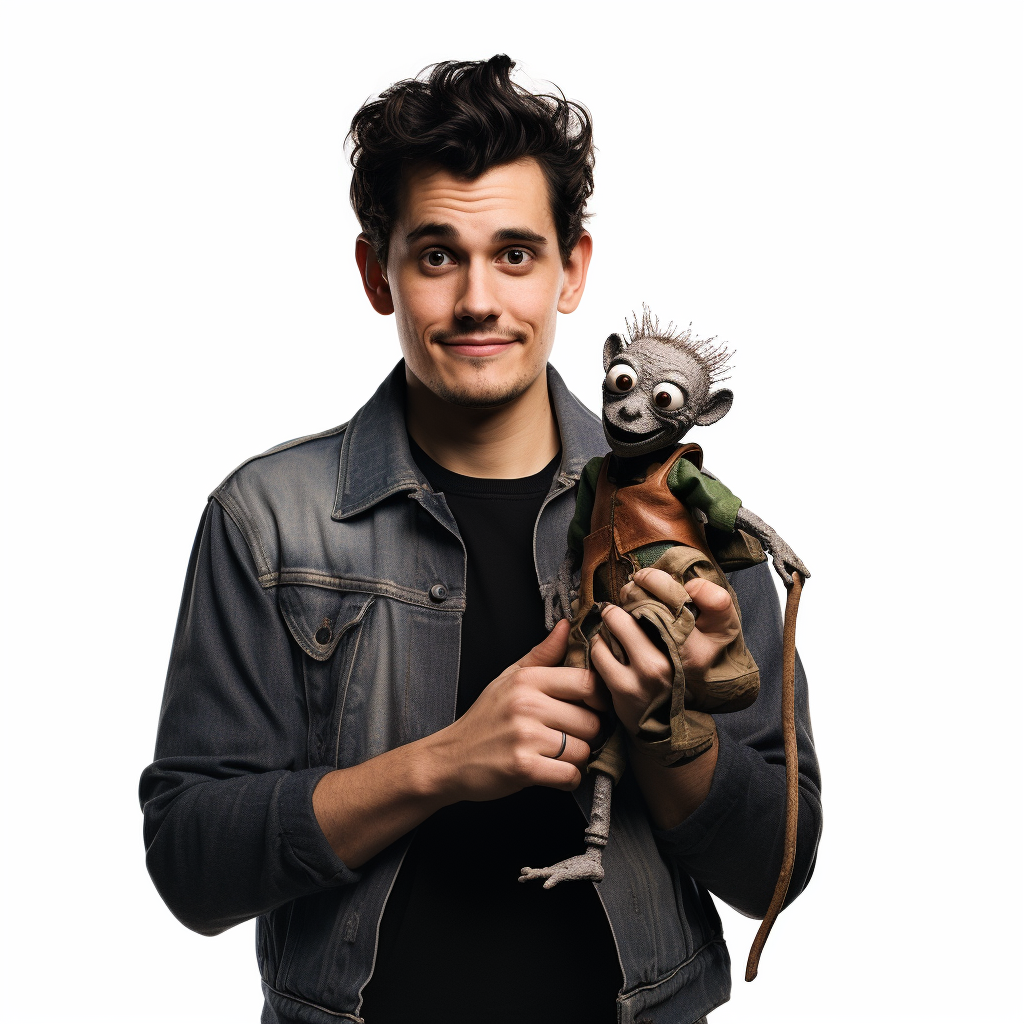 John Mayer holding puppet on white background