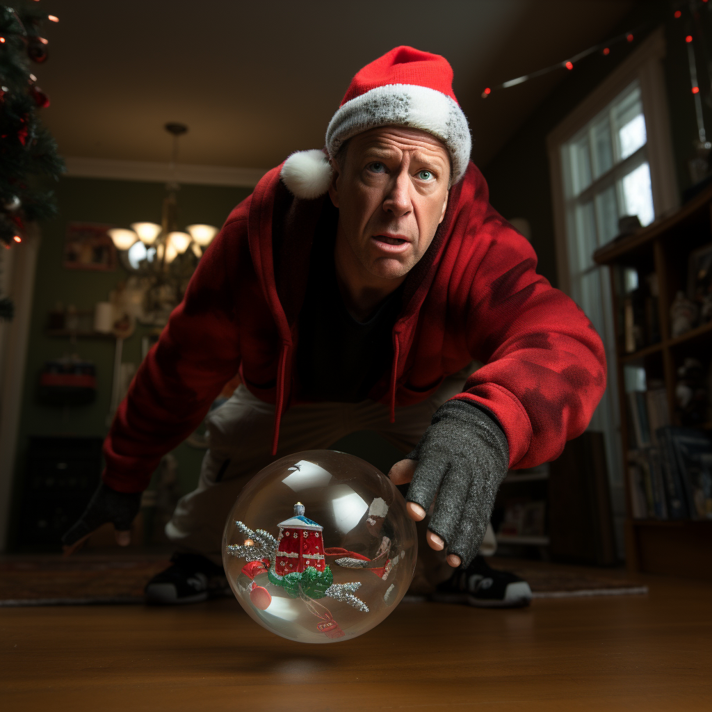 John McClane wearing Santa hat stepping on glass