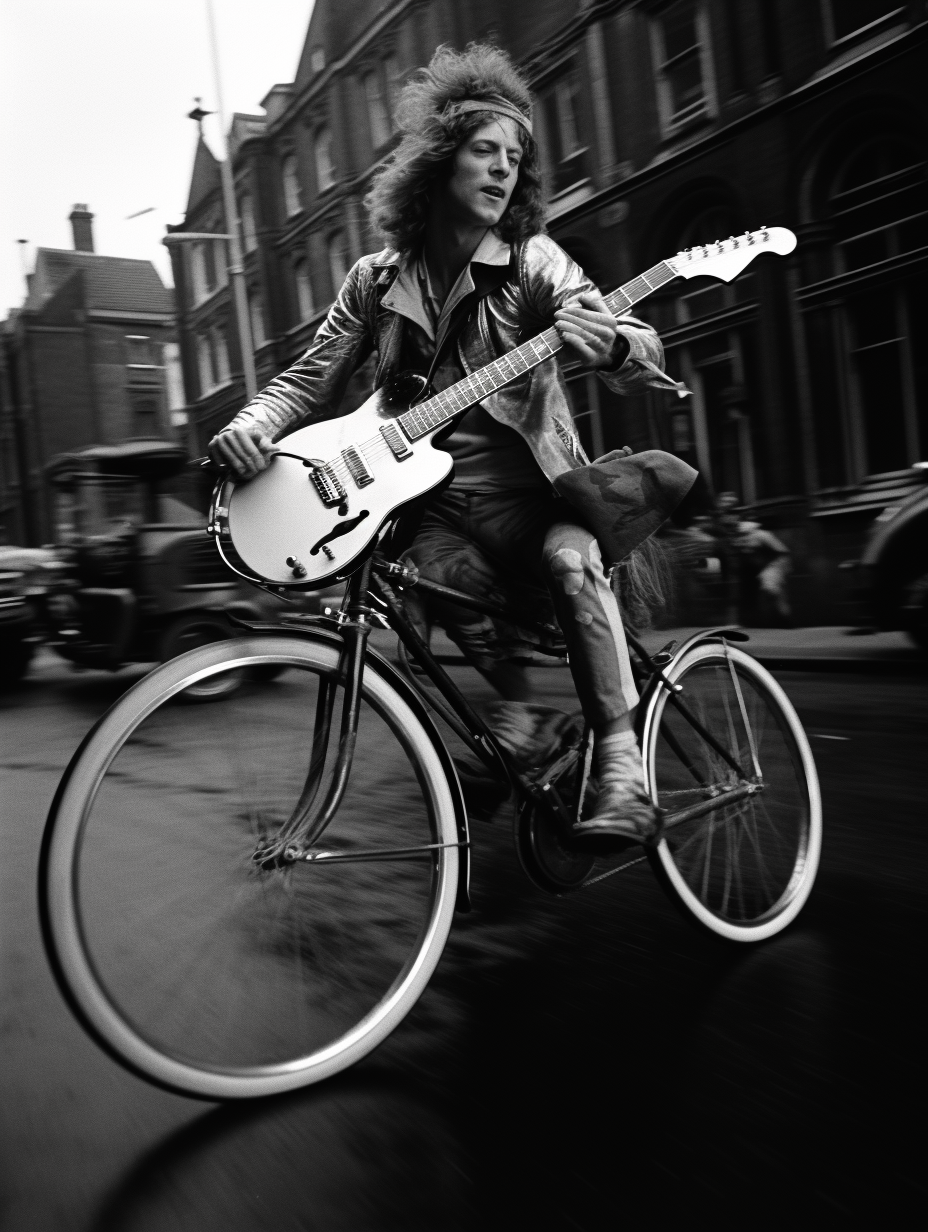 John Paul Jones of Led Zeppelin playing bass with helmet