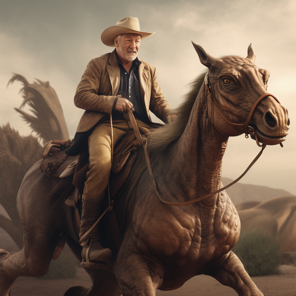 John Wayne riding a dinosaur