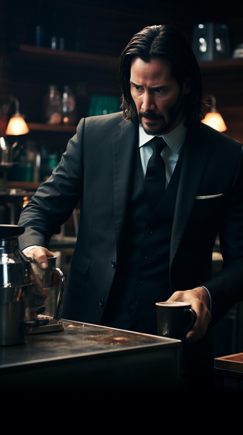 John Wick making coffee at Starbucks