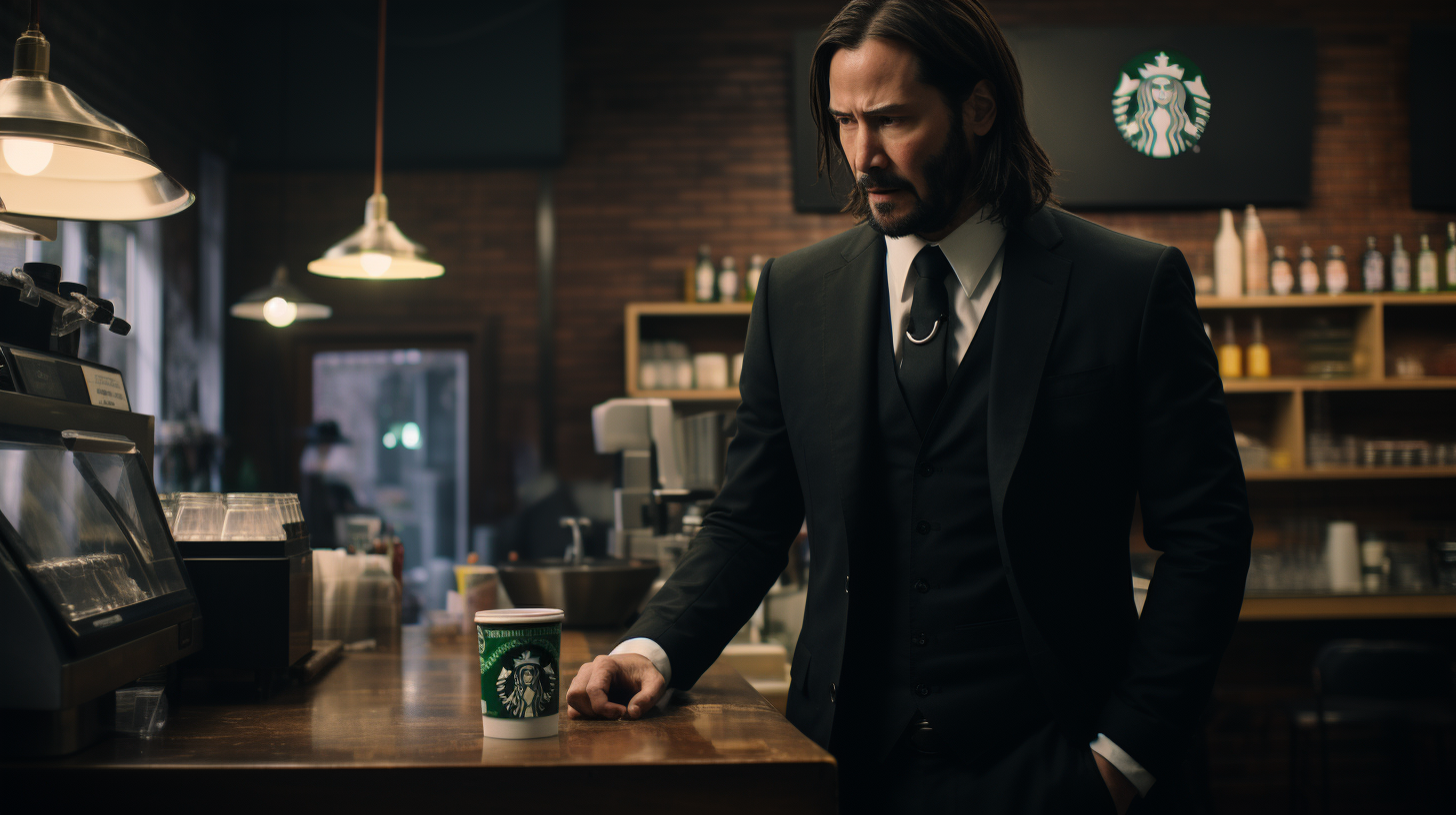 John Wick making coffee at Starbucks