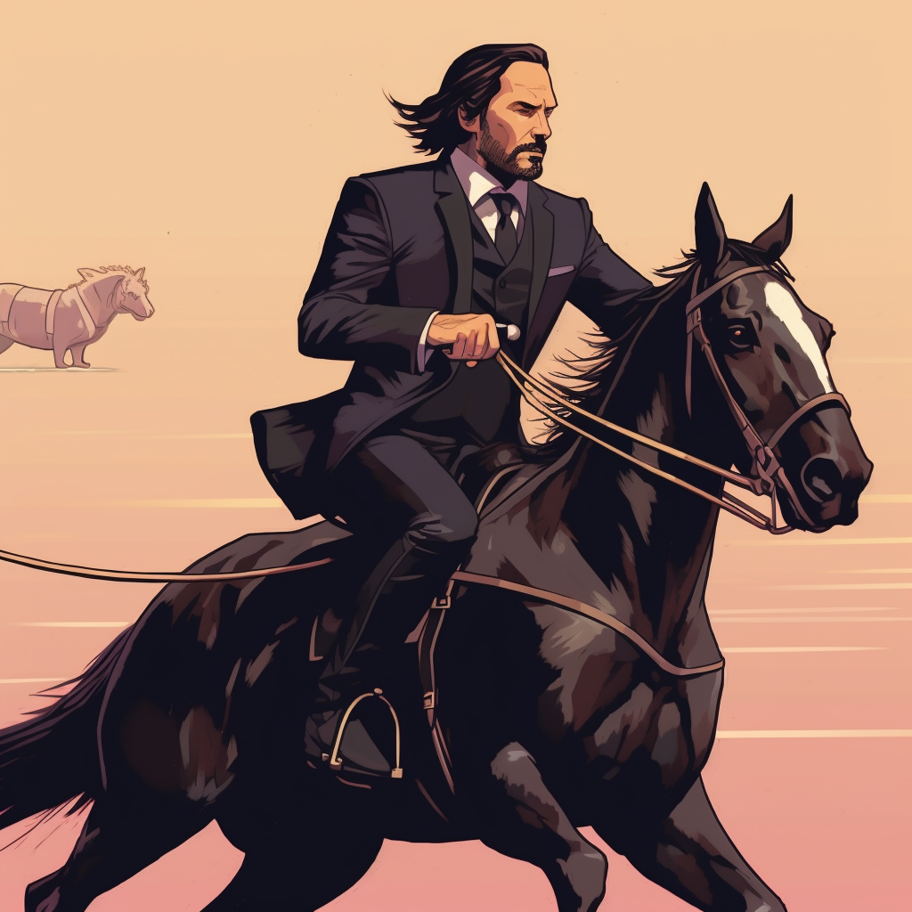 John Wick riding a dog in a horse race