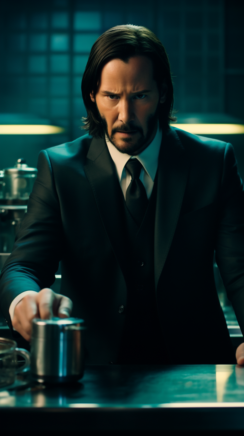 John Wick making coffee at Starbucks