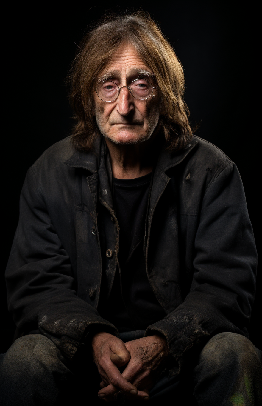 John Lennon, dirty and homeless on street curb