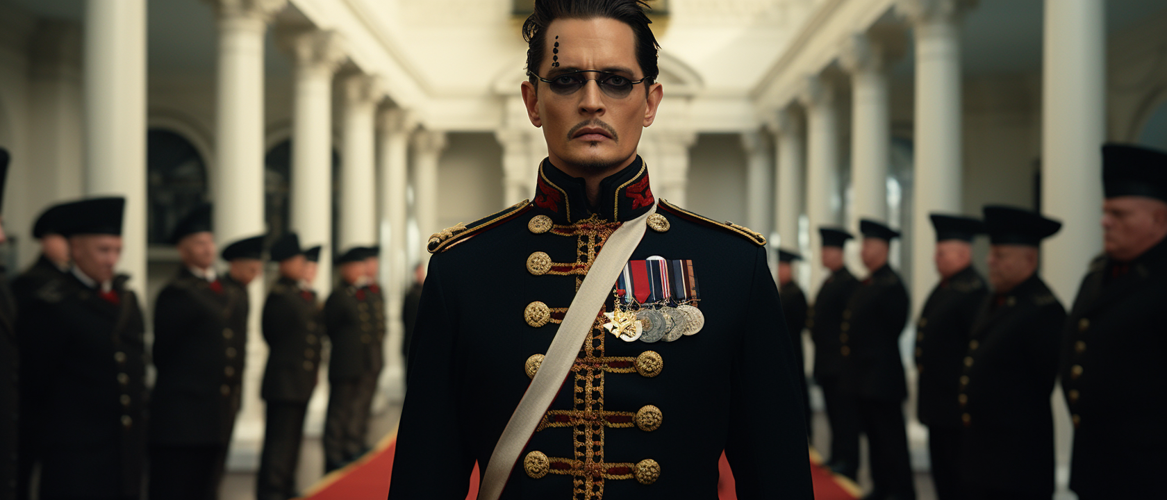 Johnny Depp wearing black uniform, holding a bow