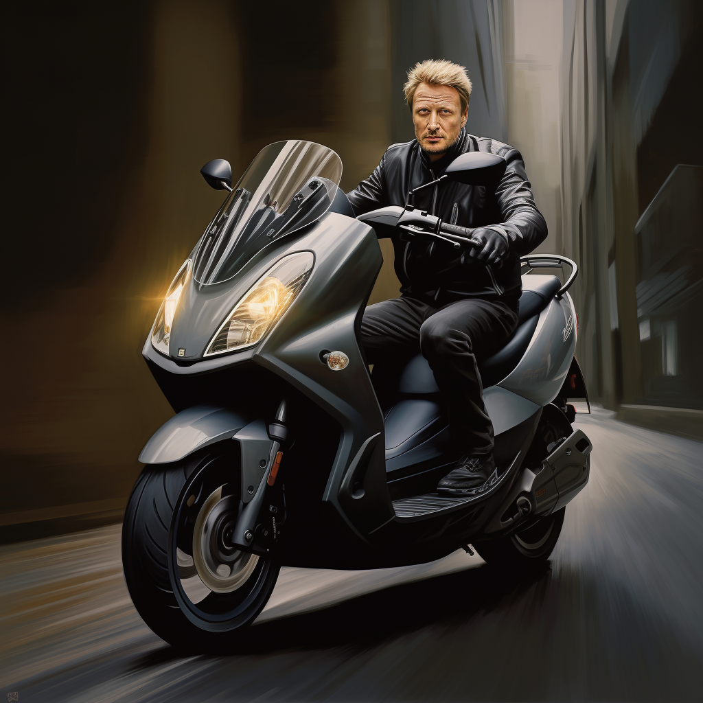 Johnny Hallyday driving a black Piaggio MP3