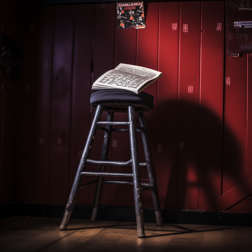 Joke book on stool in comedy club