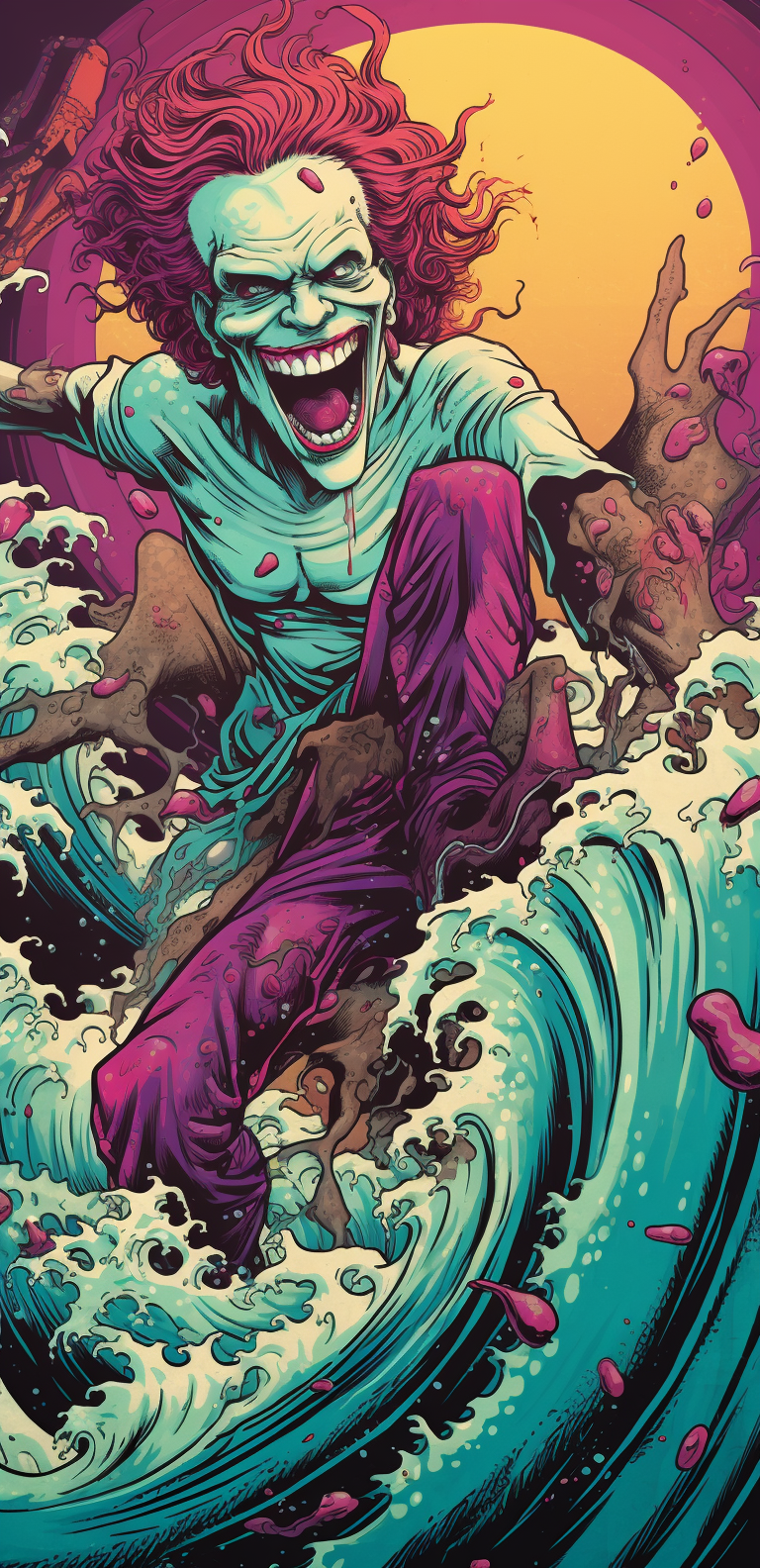 Joker surfing on a shark in vibrant comic style