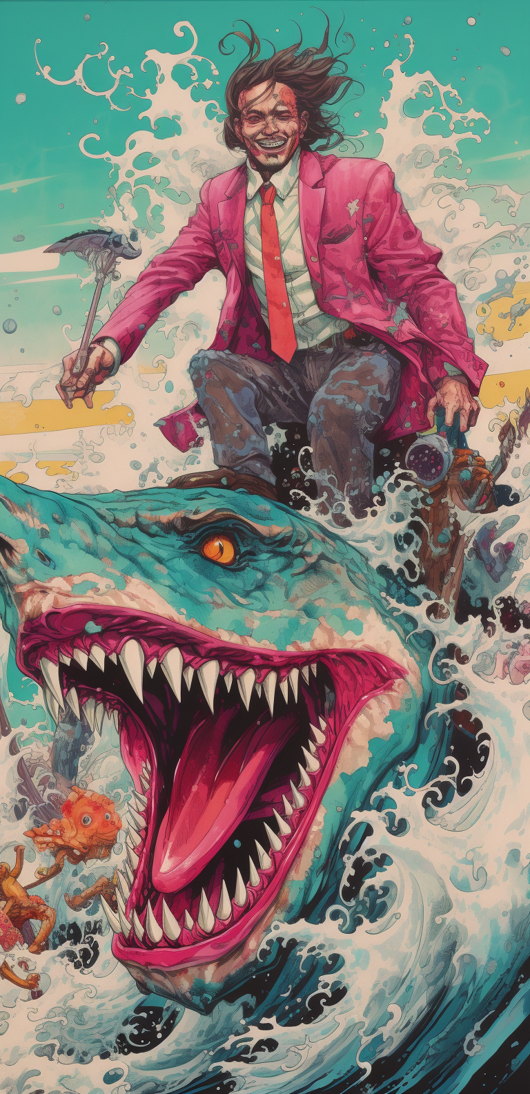 Joker on Shark Back in Vibrant Comics Style