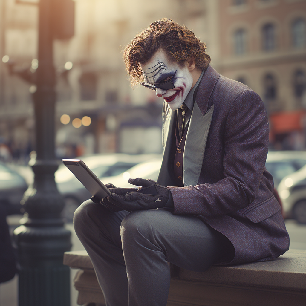 Joker presenting tablet on city bench