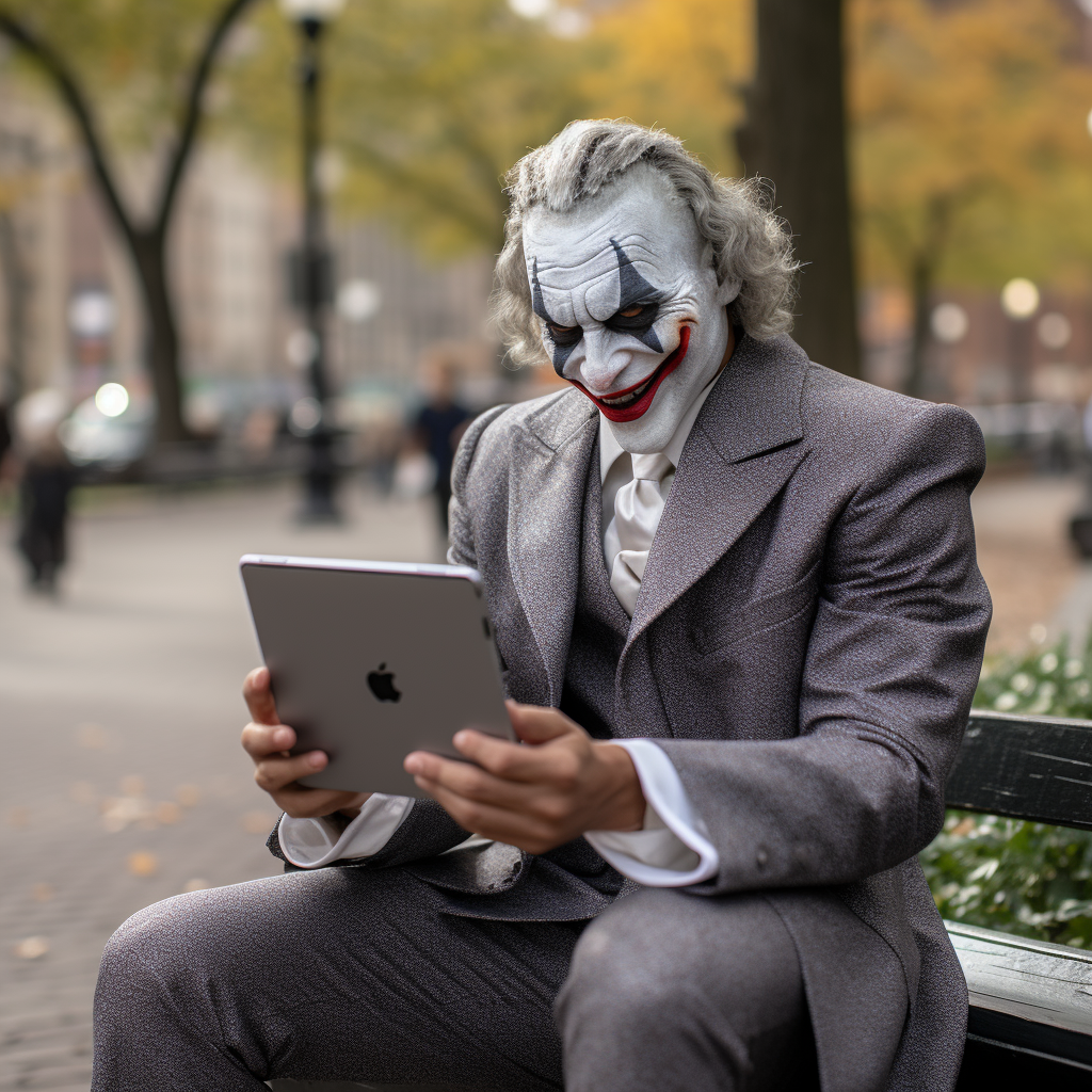 Joker presenting tablet on city bench