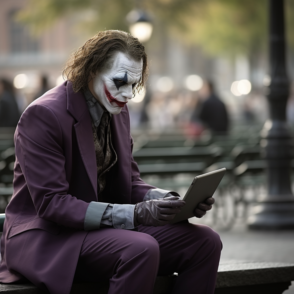 Joker with tablet on city bench