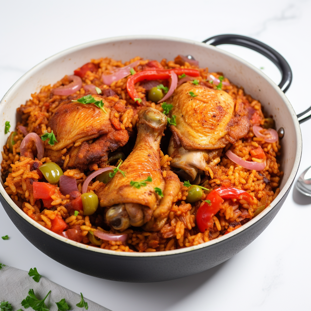 One-pot red rice dish with chicken leg