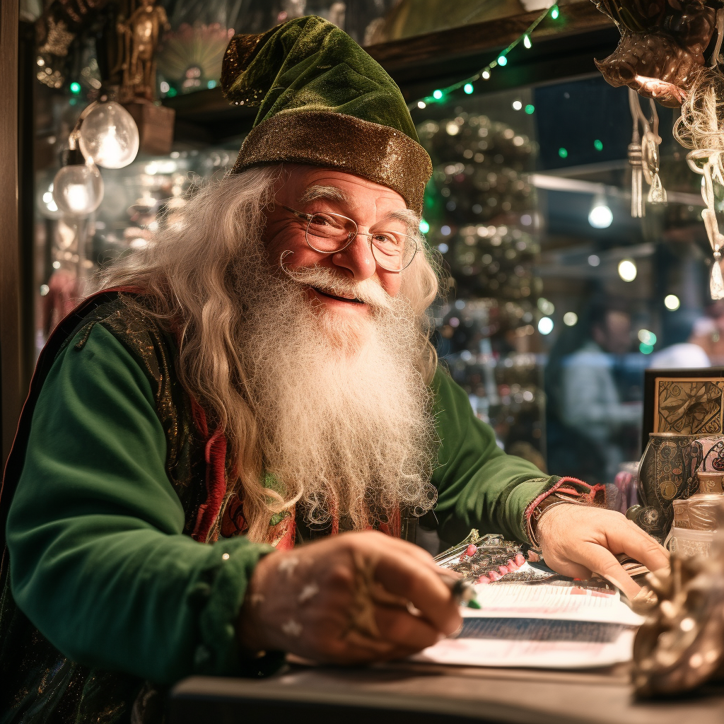 Jolly dwarf with green beard in gift shop