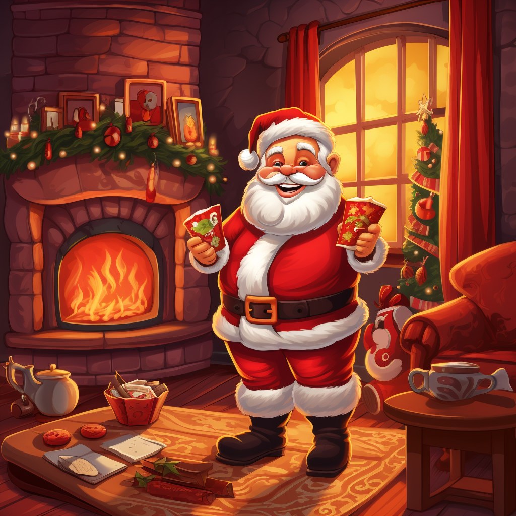 Santa Claus with gifts and festive scene.