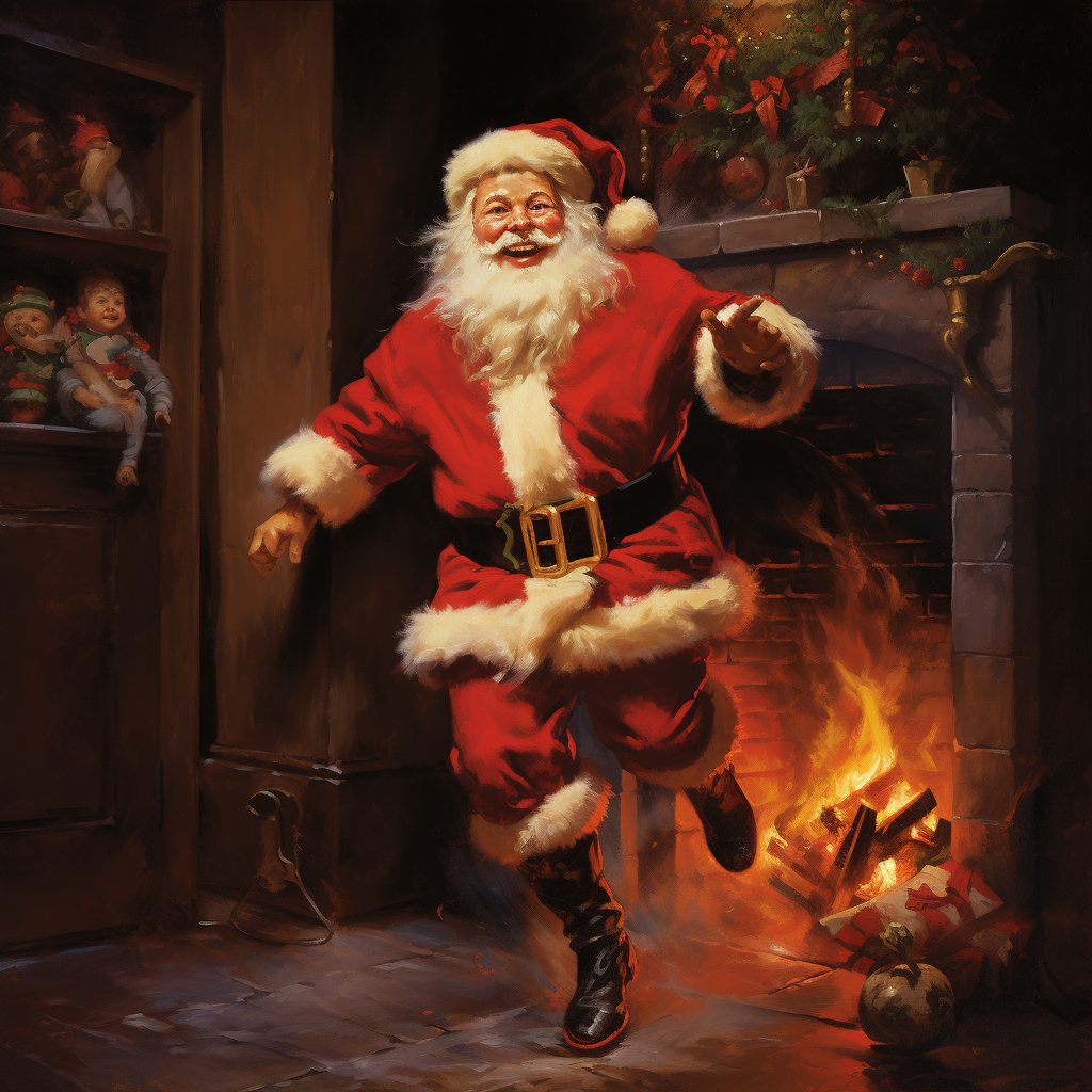 Jolly Santa stepping out of fireplace