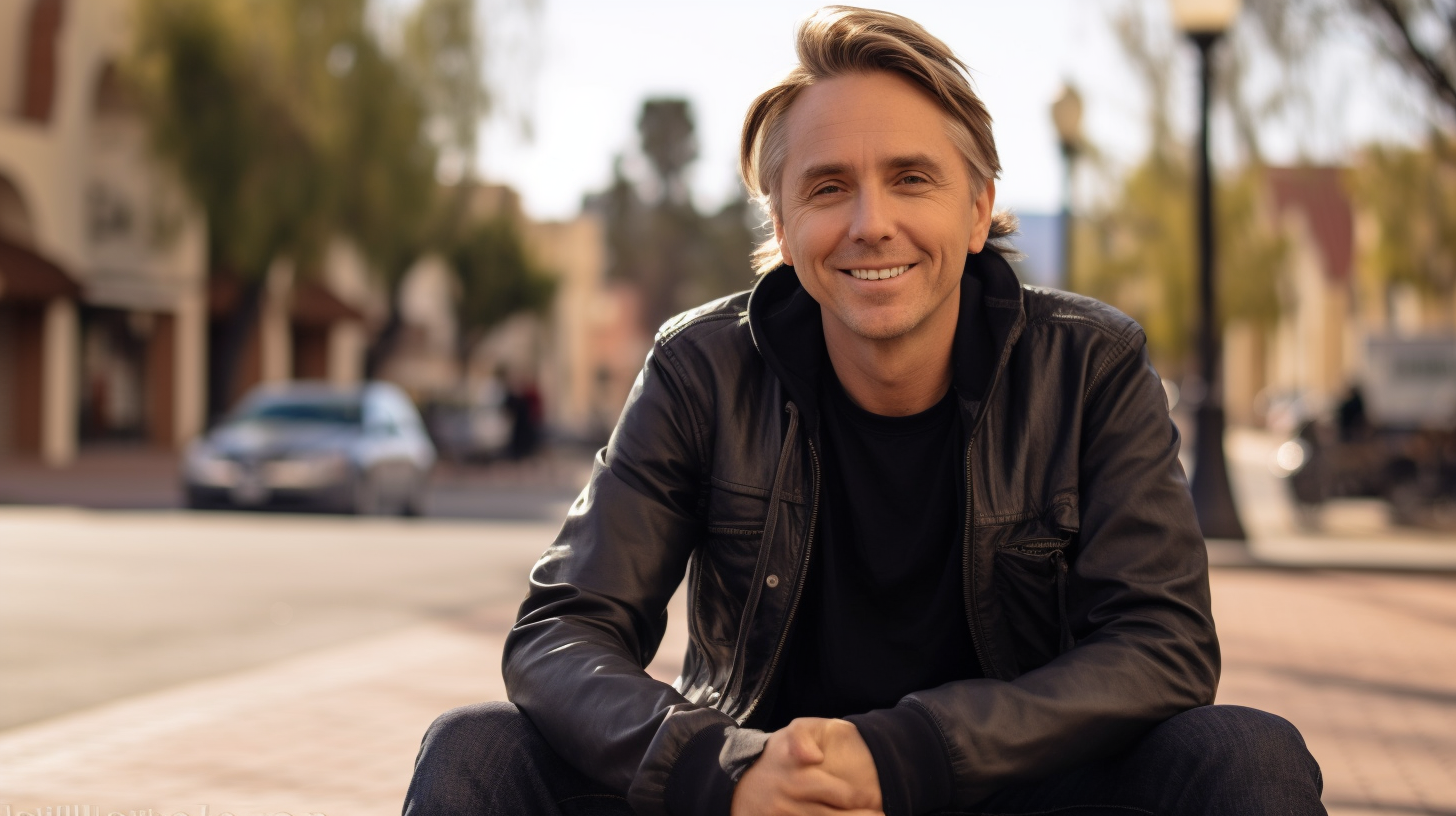 Jonathan Brandis smiling in sunny town square