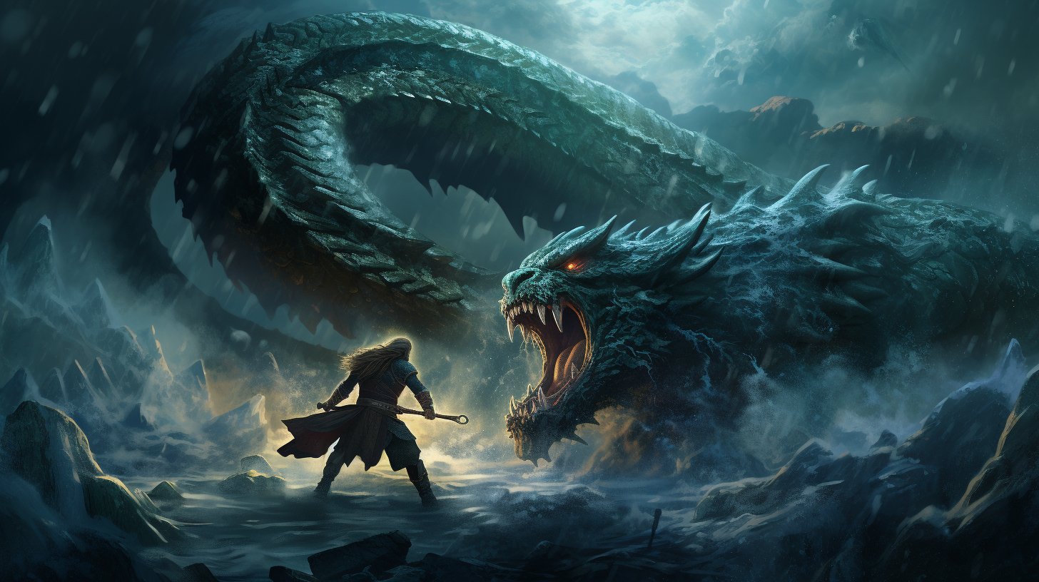 Mythical battle between Jormungandr and Fenris