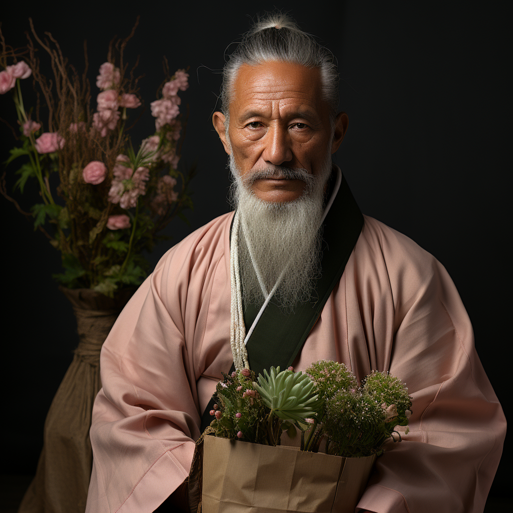 Man in Hanbok carrying herbs in a cloth bag