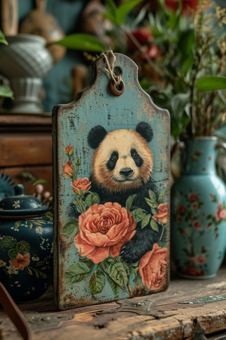 Panda sitting with journal tag