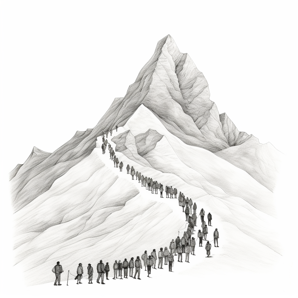 Group of travelers trekking through rugged mountains