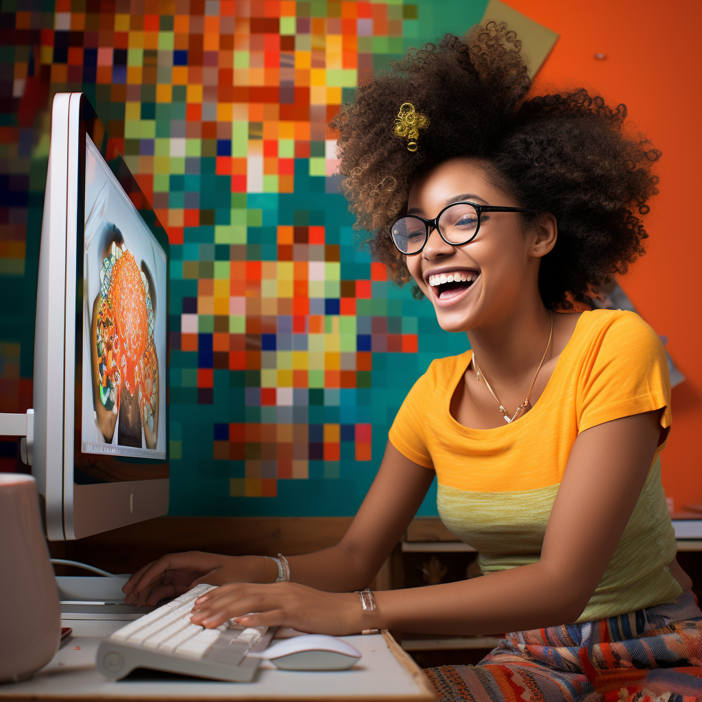 Happy Afroecuadorian Woman at Home with Computer