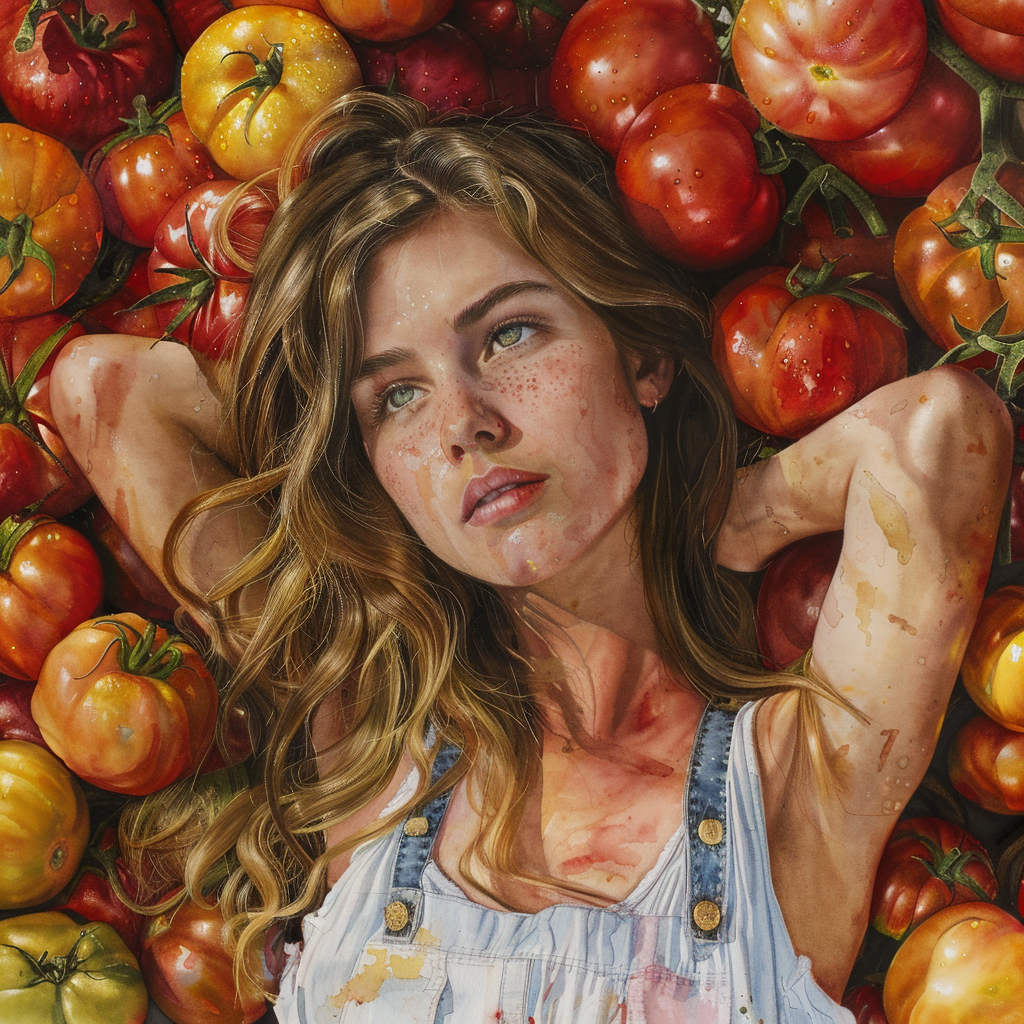 Ripe colorful tomatoes and woman portrait