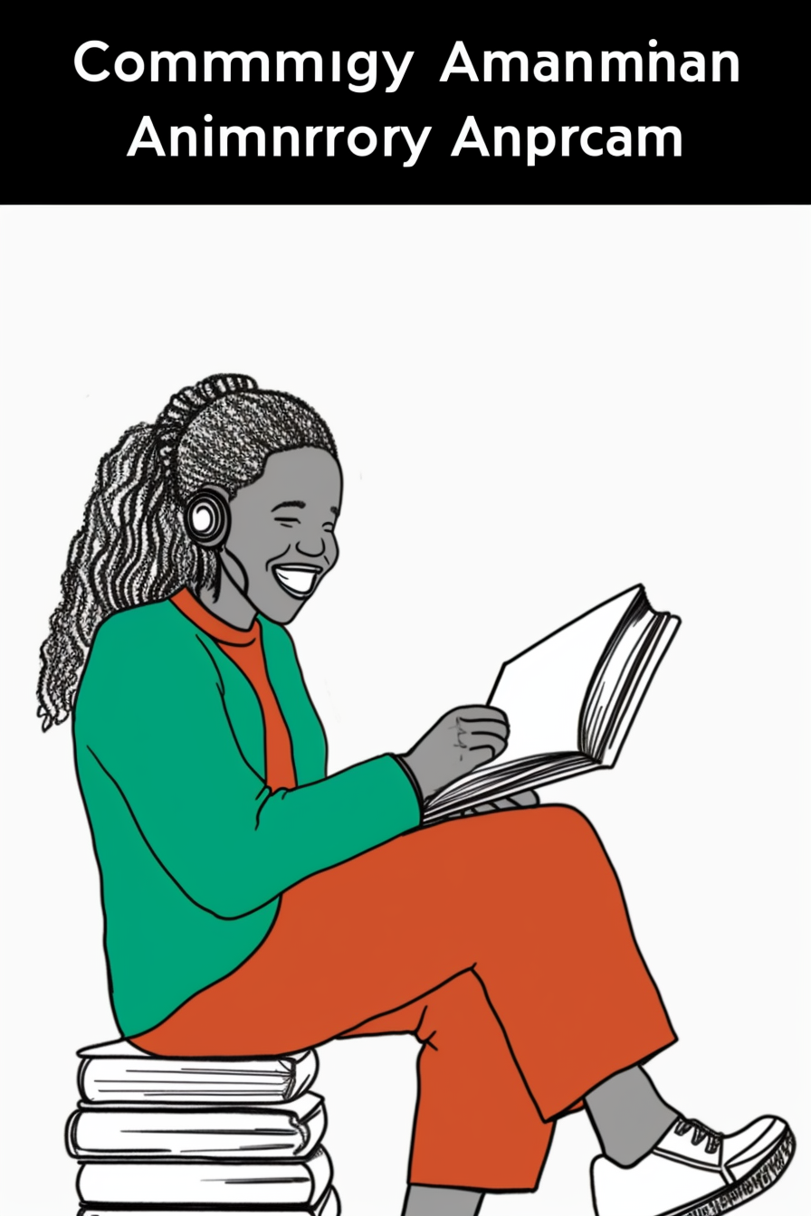 Coloring page of happy woman reading a book