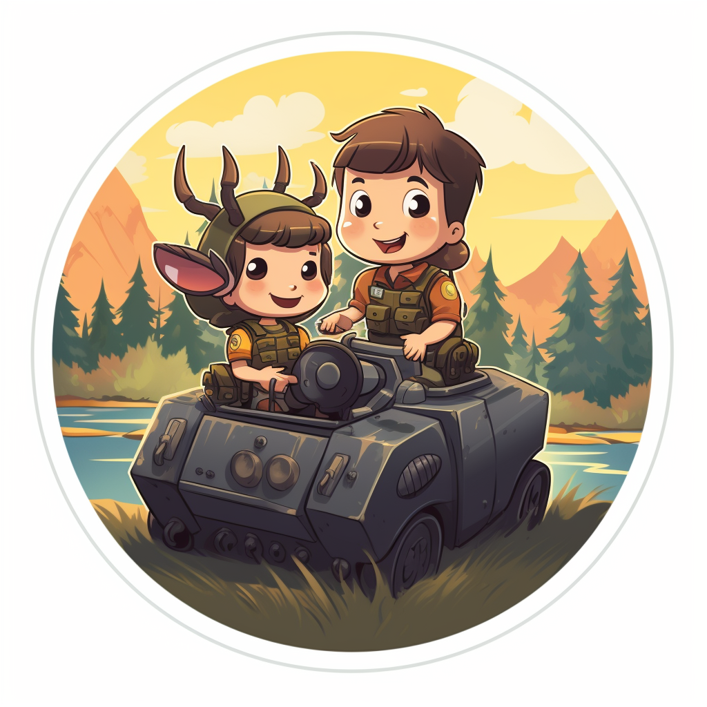 Joyful baby and baby moose sitting on a battle tank