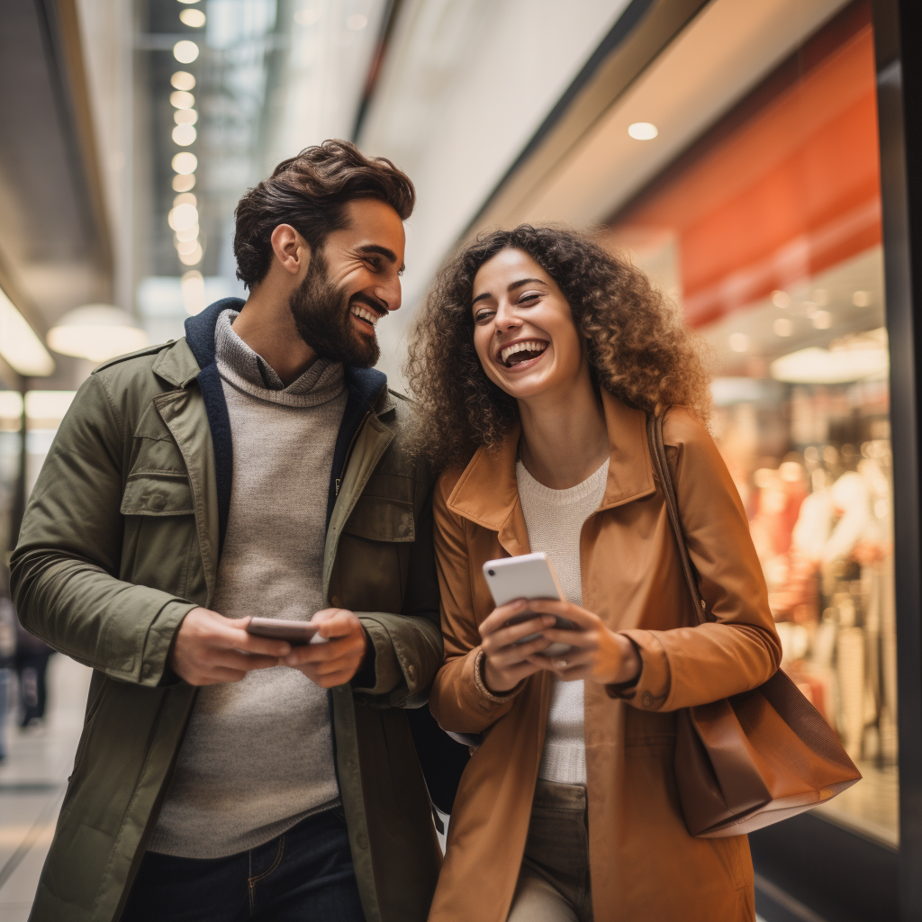 Happy couple with shopping bags and smartphones