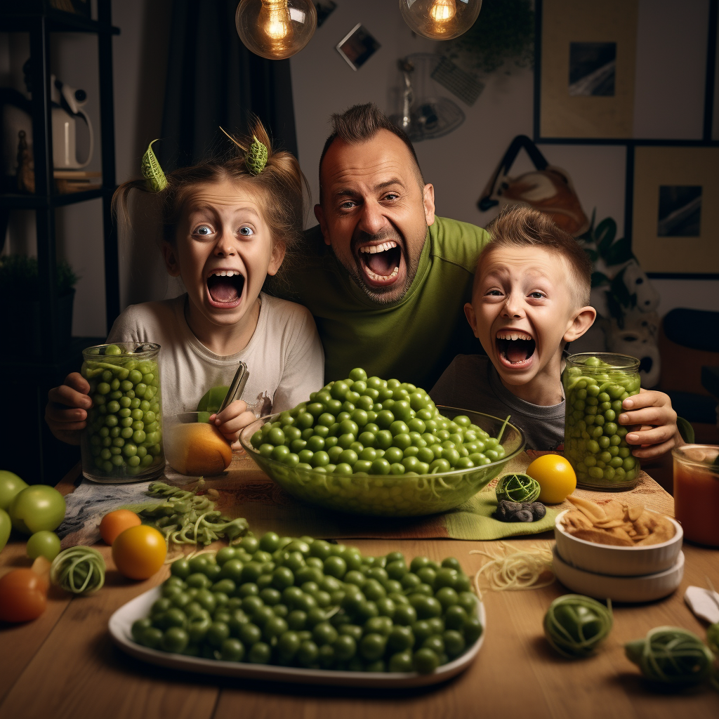 Cheerful family enjoying tasty pea dishes