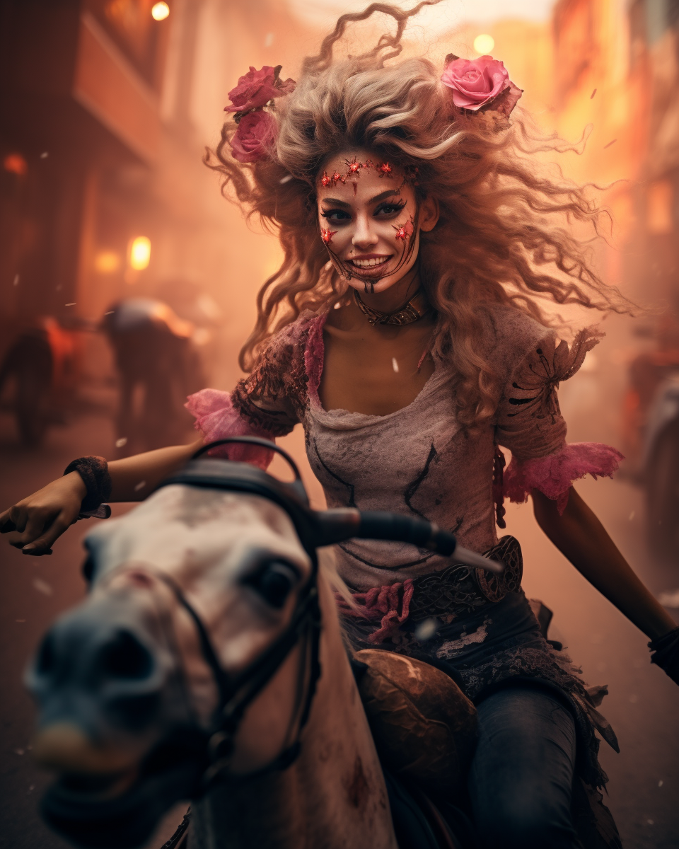 Joyful girl with Katrina skull makeup on horse