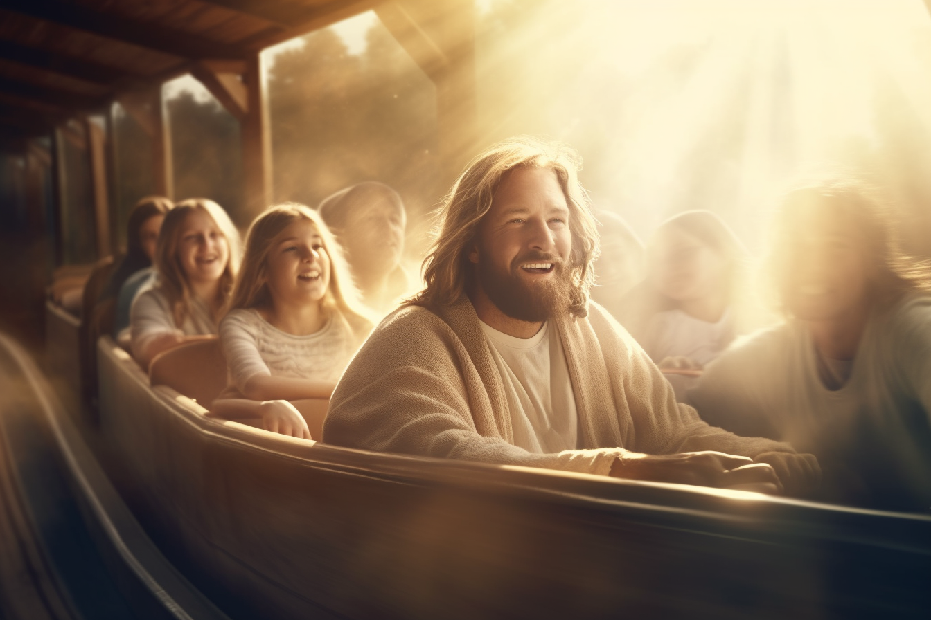 Joyful Jesus riding roller coaster