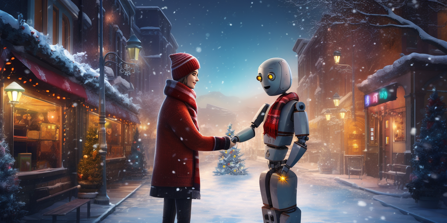 Joyful robot and software developer shaking hands