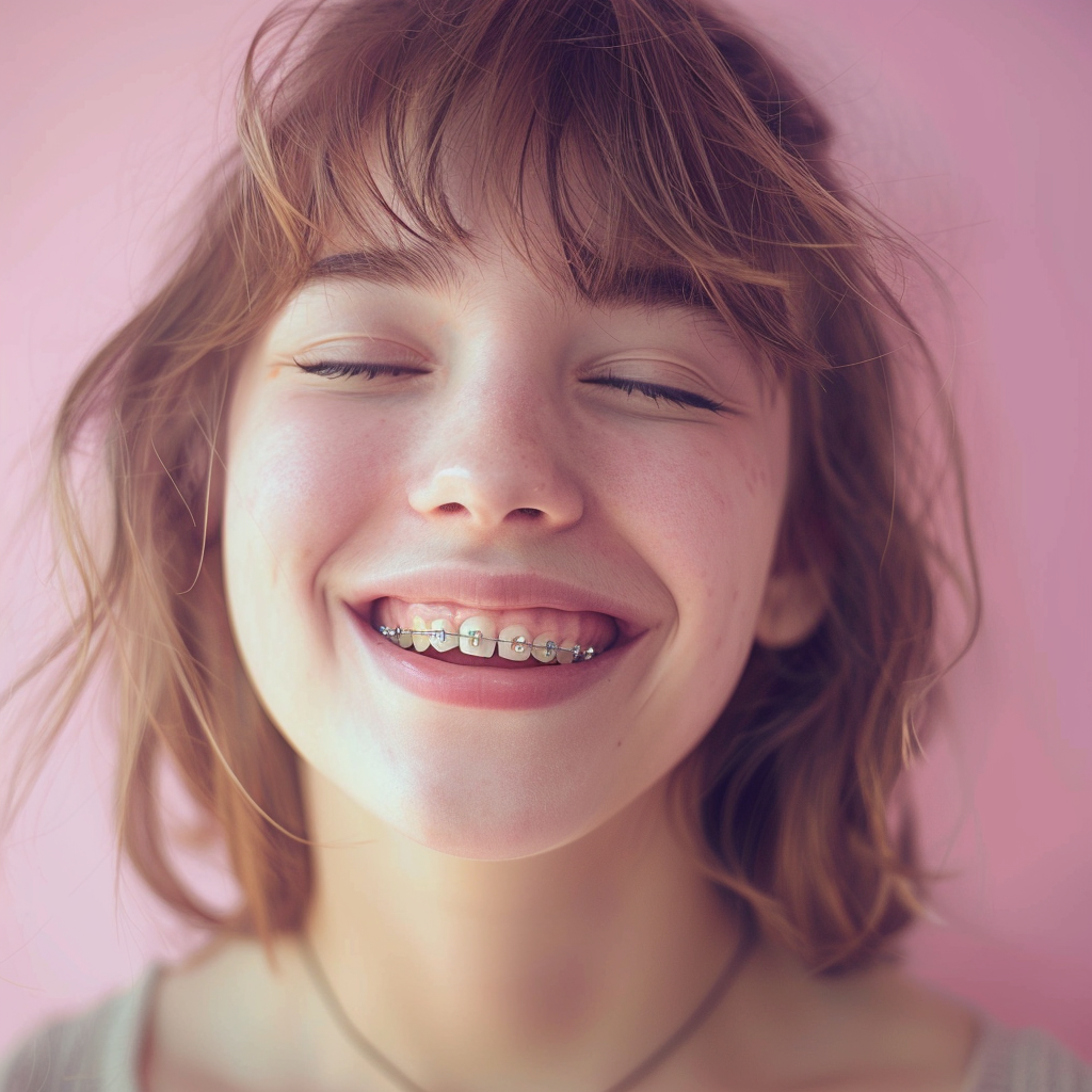 Woman with joyful metal braces smile