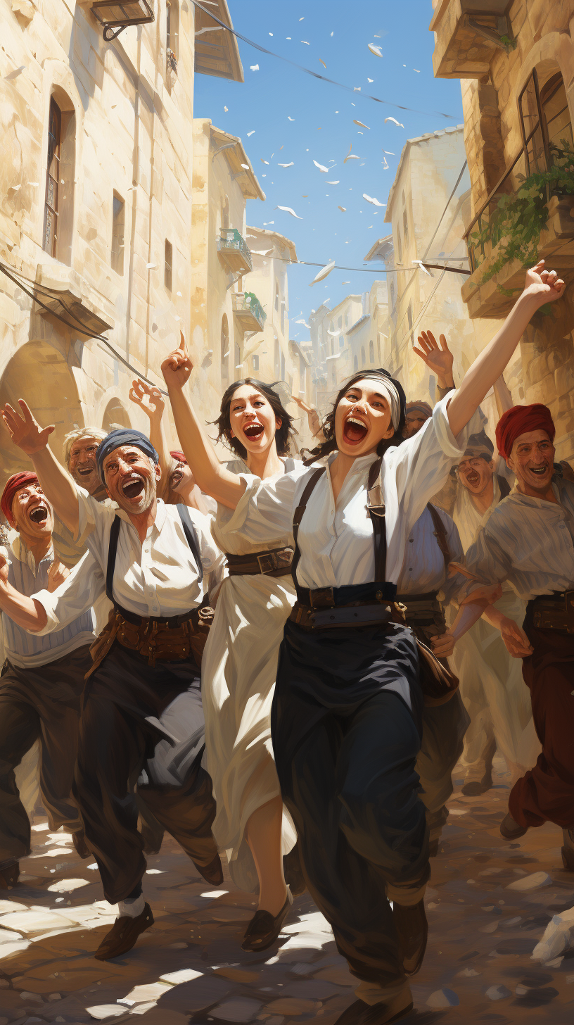 Jubilant Jewish crowd celebrating in Jerusalem