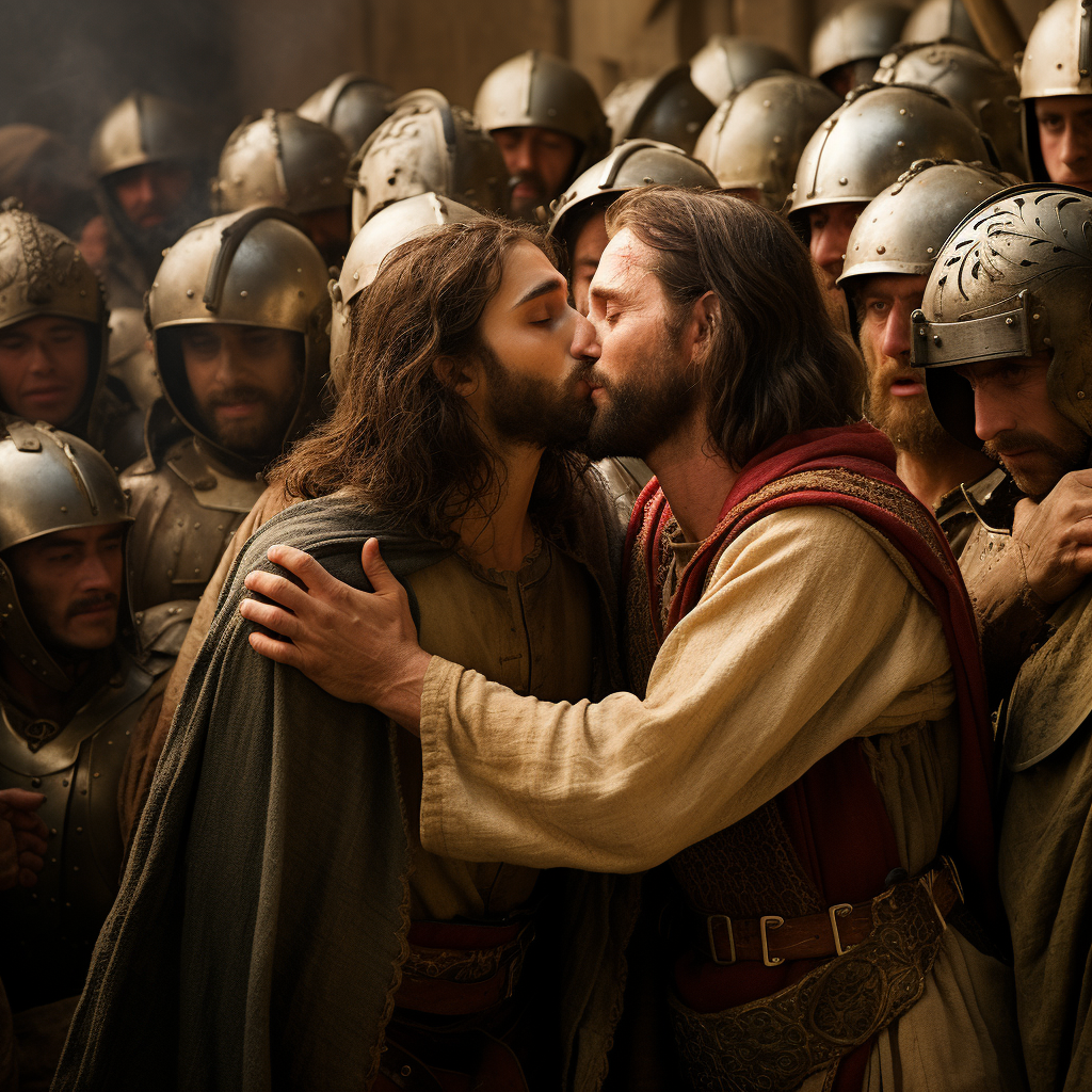 Judas Iscariot delivering tearful kiss to Jesus's forehead