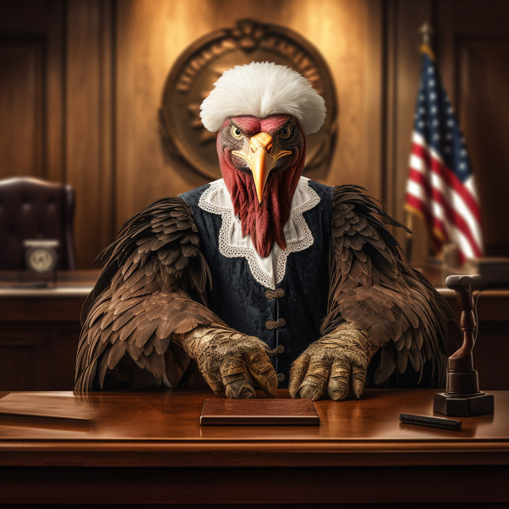 Judge with turkey head in courtroom