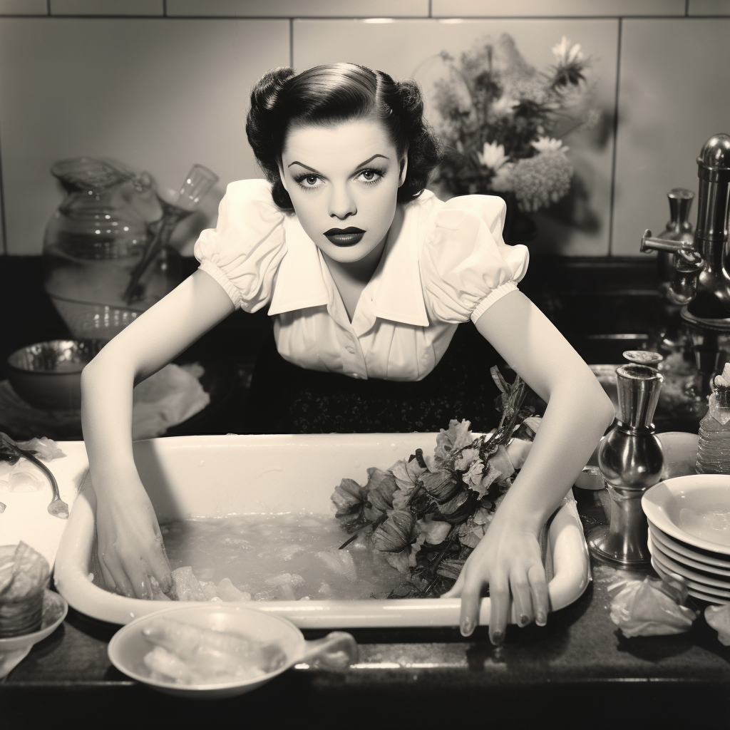 Judy Garland washing dishes in newspaper