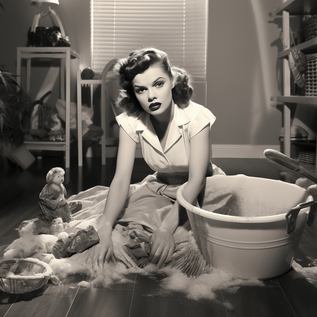 Judy Garland cleaning the floor with a brush