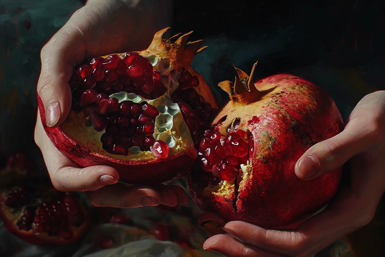 Closeup of hands ripping juicy pomegranate