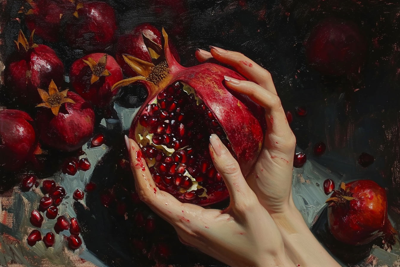 Closeup of Hands in Juicy Pomegranate