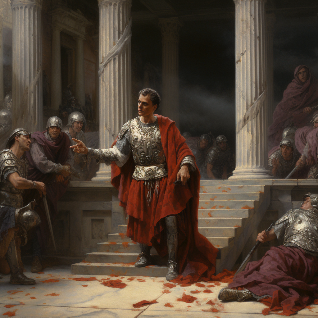 Julius Caesar cringing at Brutus in Roman court