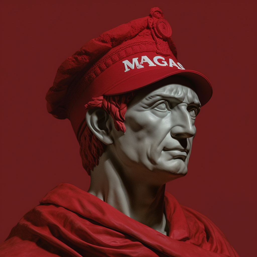 Julius Caesar in red MAGA cap holding MSPQRAGA sign