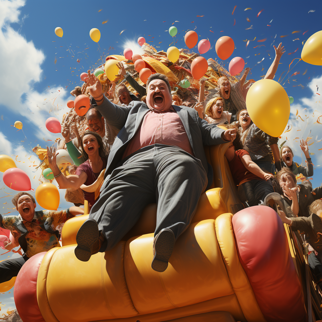 Obese individuals having fun at the jumping castle