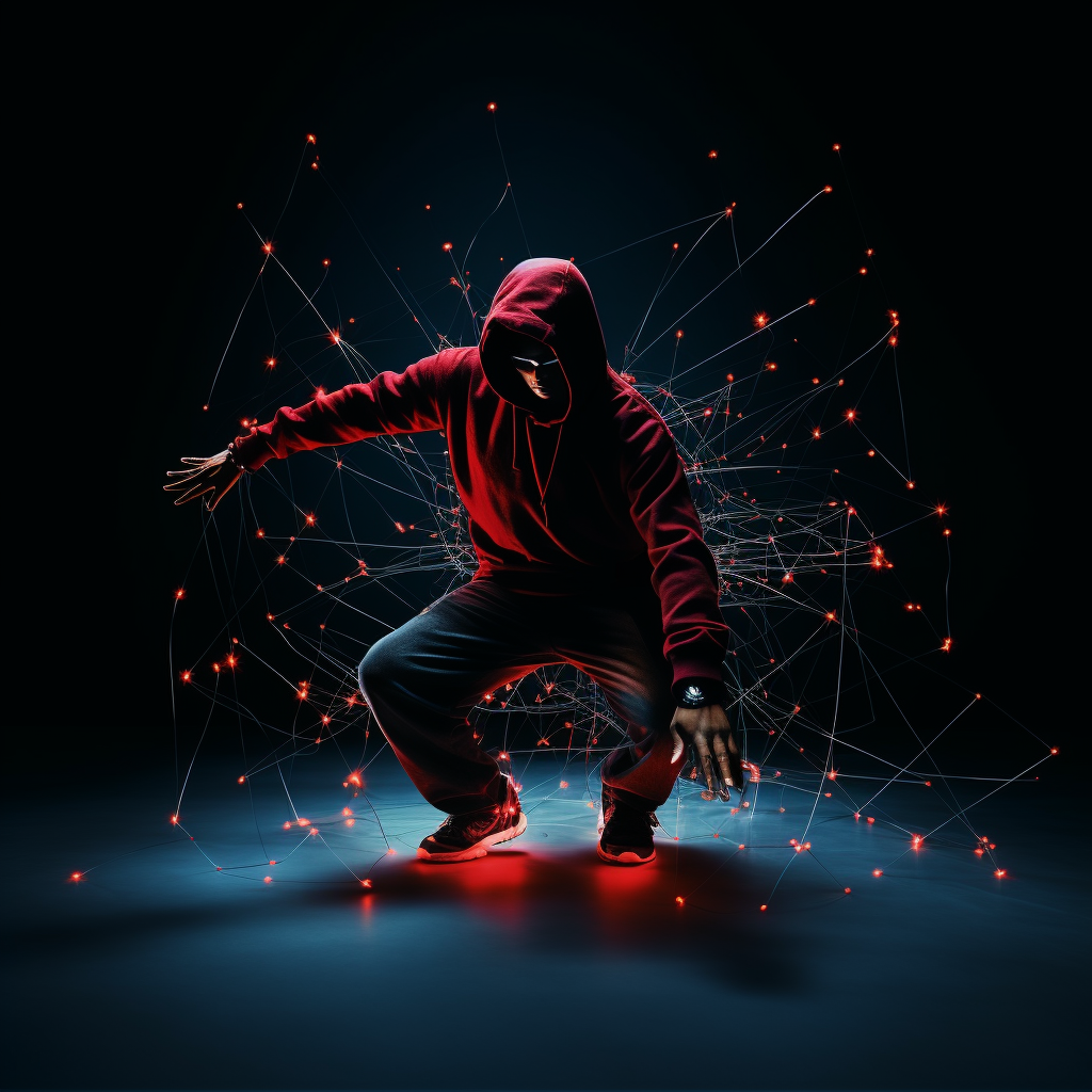 Energetic man in hoodie jumping with neon lights